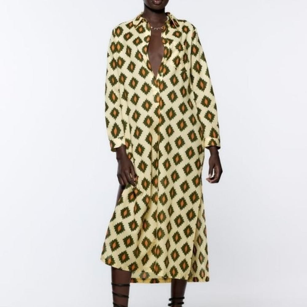 Zara Shirt Dress Size S Cream Green Orange Ikat Geometric Midi Boho Long Slv - Picture 2 of 7